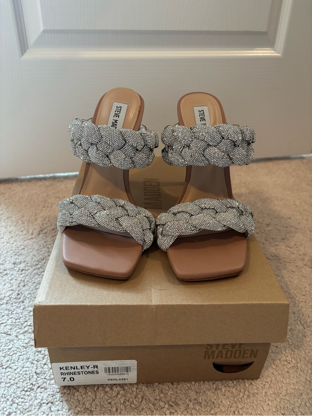 Steve Madden Braided Rhinestone Double-Strap Heels size 7 in Silver and Tan
